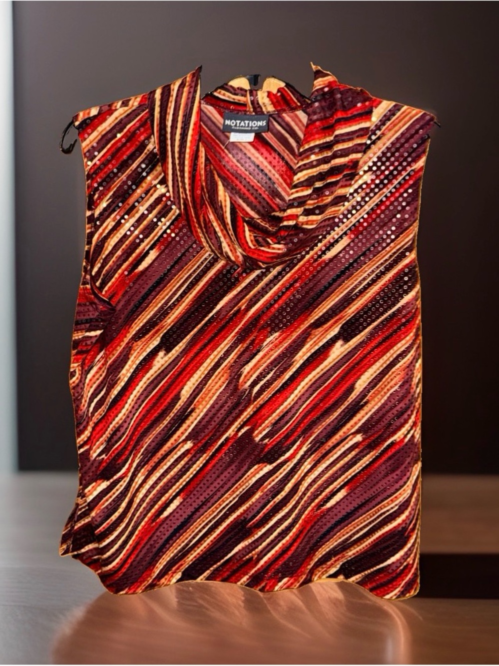 NOTATIONS Red Diagonal Multi-Stripe Sleeveless Cowl Neck Sleeveless Top-L-EC